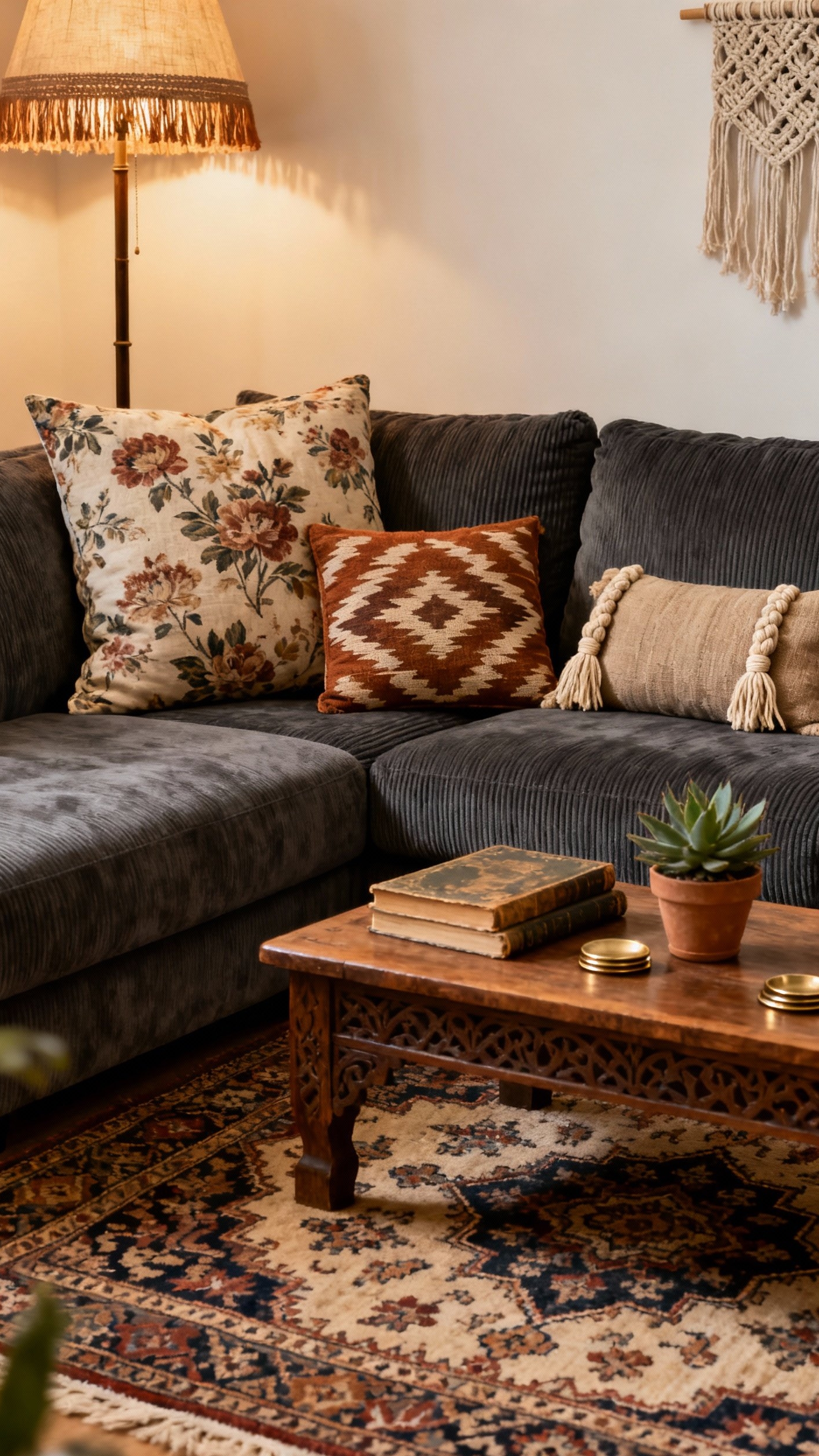 Dark Grey Couch Styling - Dark Grey Couch: Style Inspiration - Dark Grey Couch Styling - A dark grey, corduroy sectional anchors this bohemian...