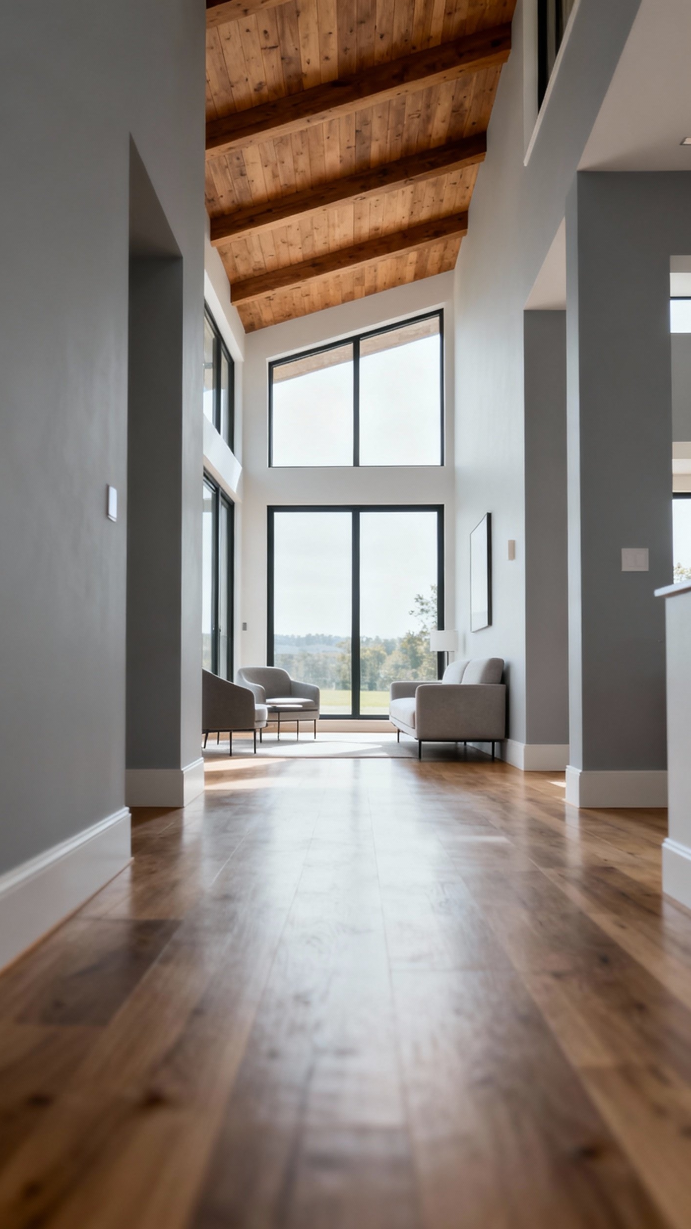 Living Room Inspo - Elevated Living: Architectural Details Shine - Sunlight streams through expansive windows, illuminating this living...