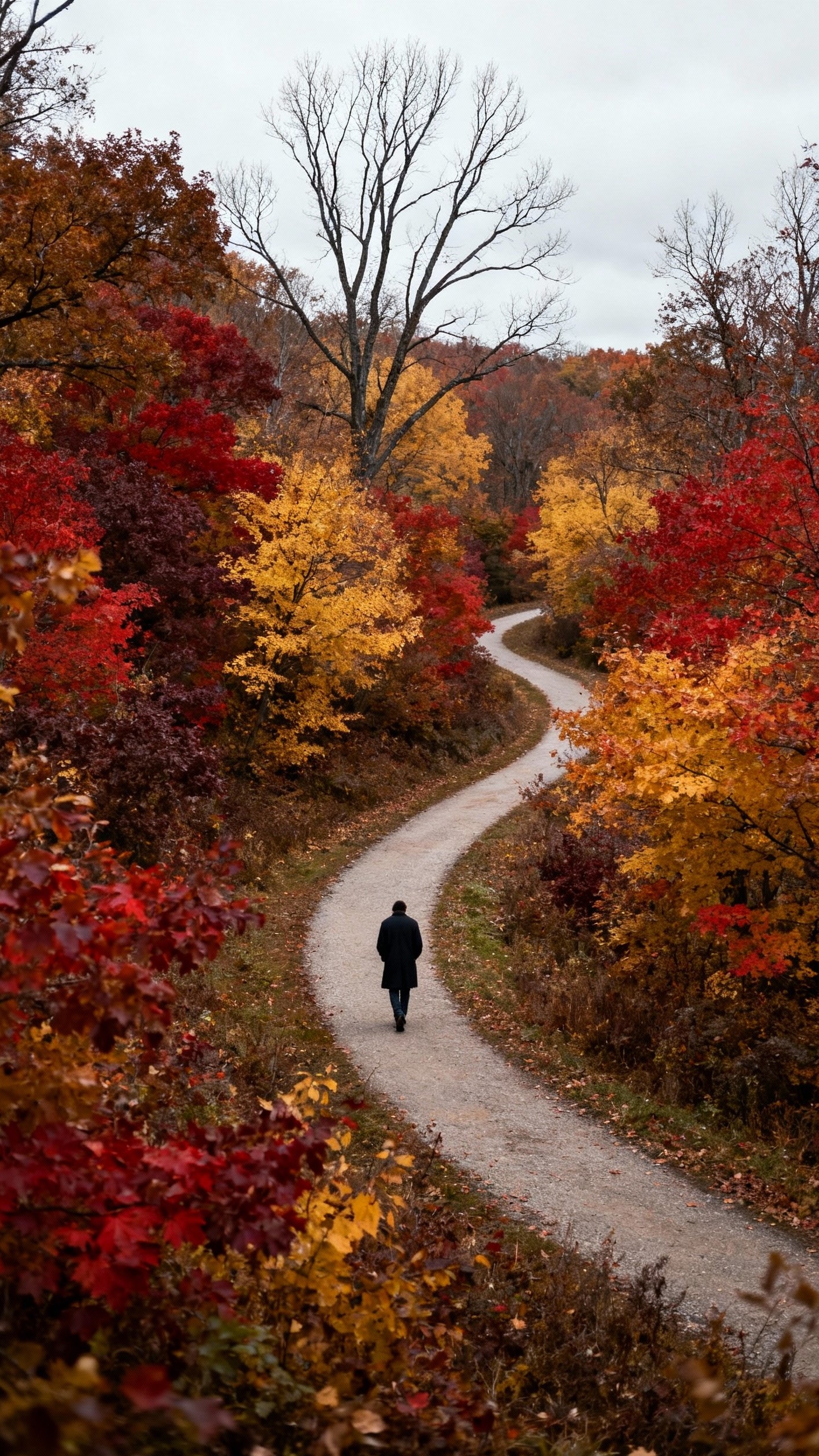 Urban City Photography - City Solitude: Autumn's Quiet Embrace - The camera captures a lone figure strolling through...