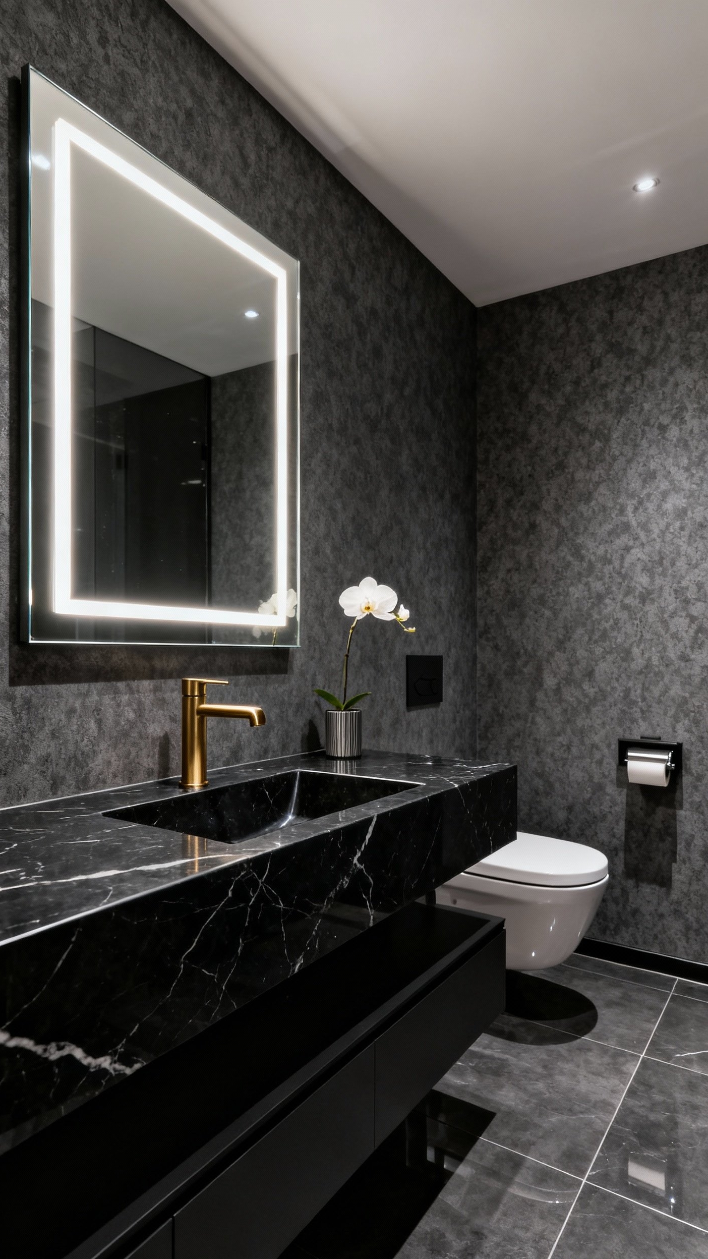 Small Guest Toilet Ideas - Small Guest Toilet: Big Style Ideas - Small Guest Toilet Ideas - Dark grey textured wallpaper envelops the walls, immediately...