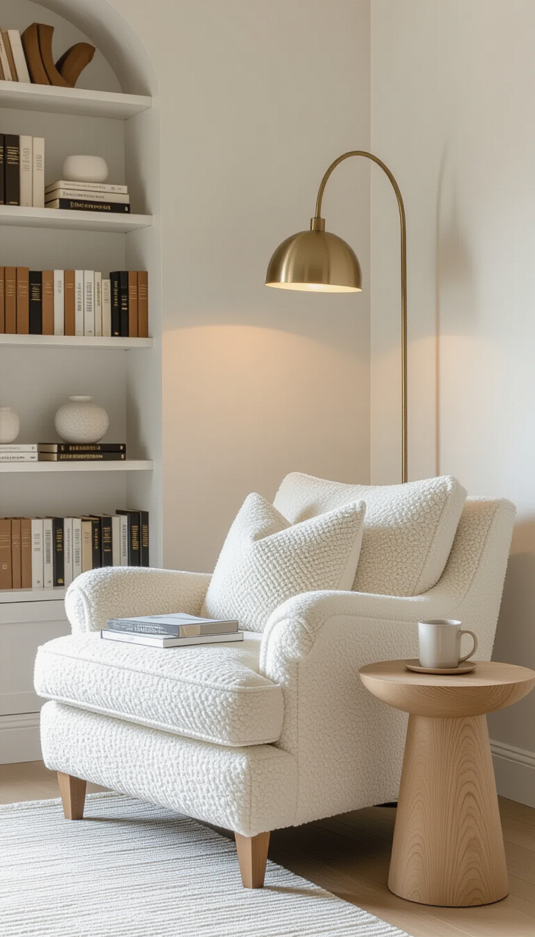 luxurious bedroom ideas - Bedroom Bliss: Boucle & Bookshelves - Sink into serenity with this dreamy reading nook,...