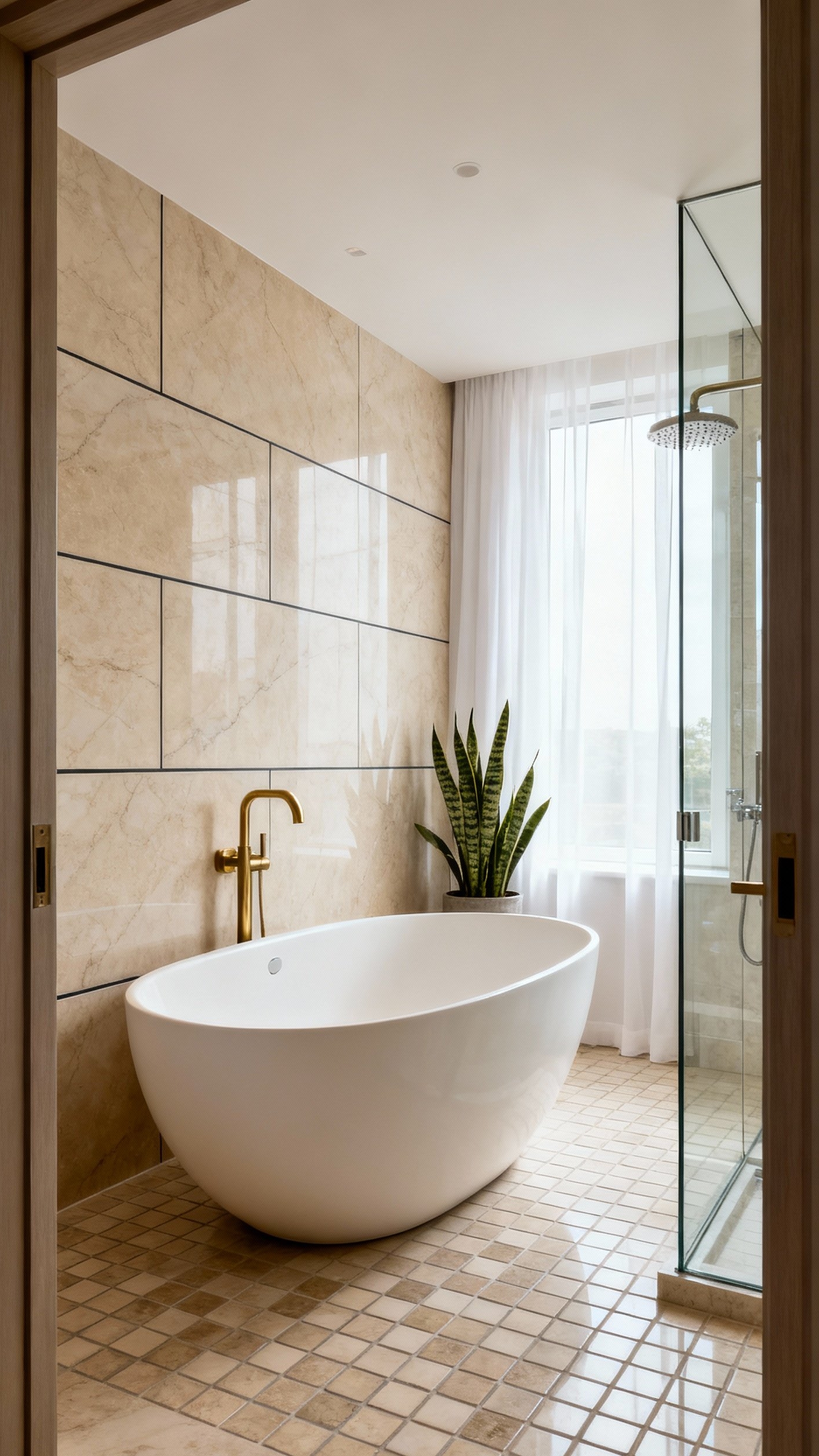 Beige marble bathroom - Beige Marble: A Bathroom Oasis - Beige marble bathroom - The doorway reveals a serene, modern bathroom bathed...