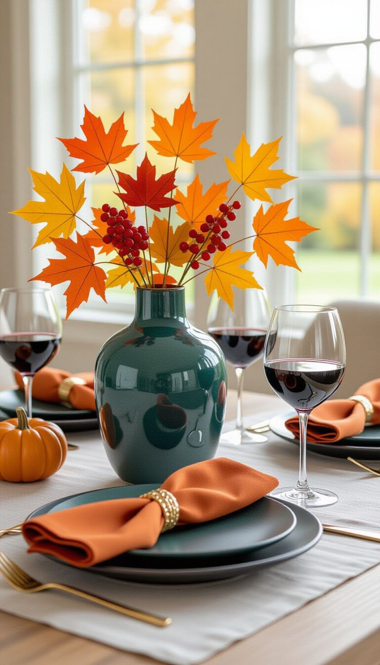 modern fall decor ideas for dining room - Fall Dining: Modern Textures & Hues - Deep teal ceramic grounds a modern fall tablescape...