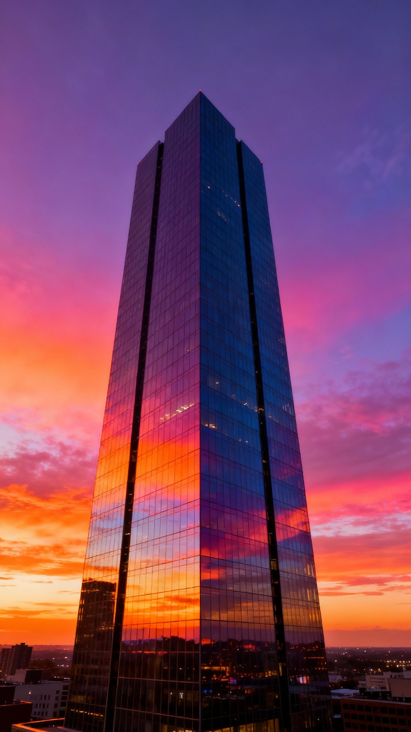 Urban City Photography - Cityscapes Ablaze: Sunset Reflections - The setting sun paints the city sky, and...