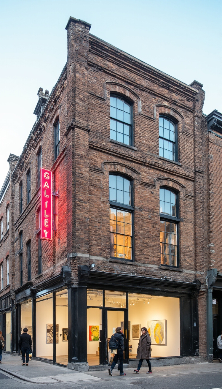Building Graphic ideas - Old Meets New: Gallery Facades - Sunlight bathes the meticulously restored brick facade of...