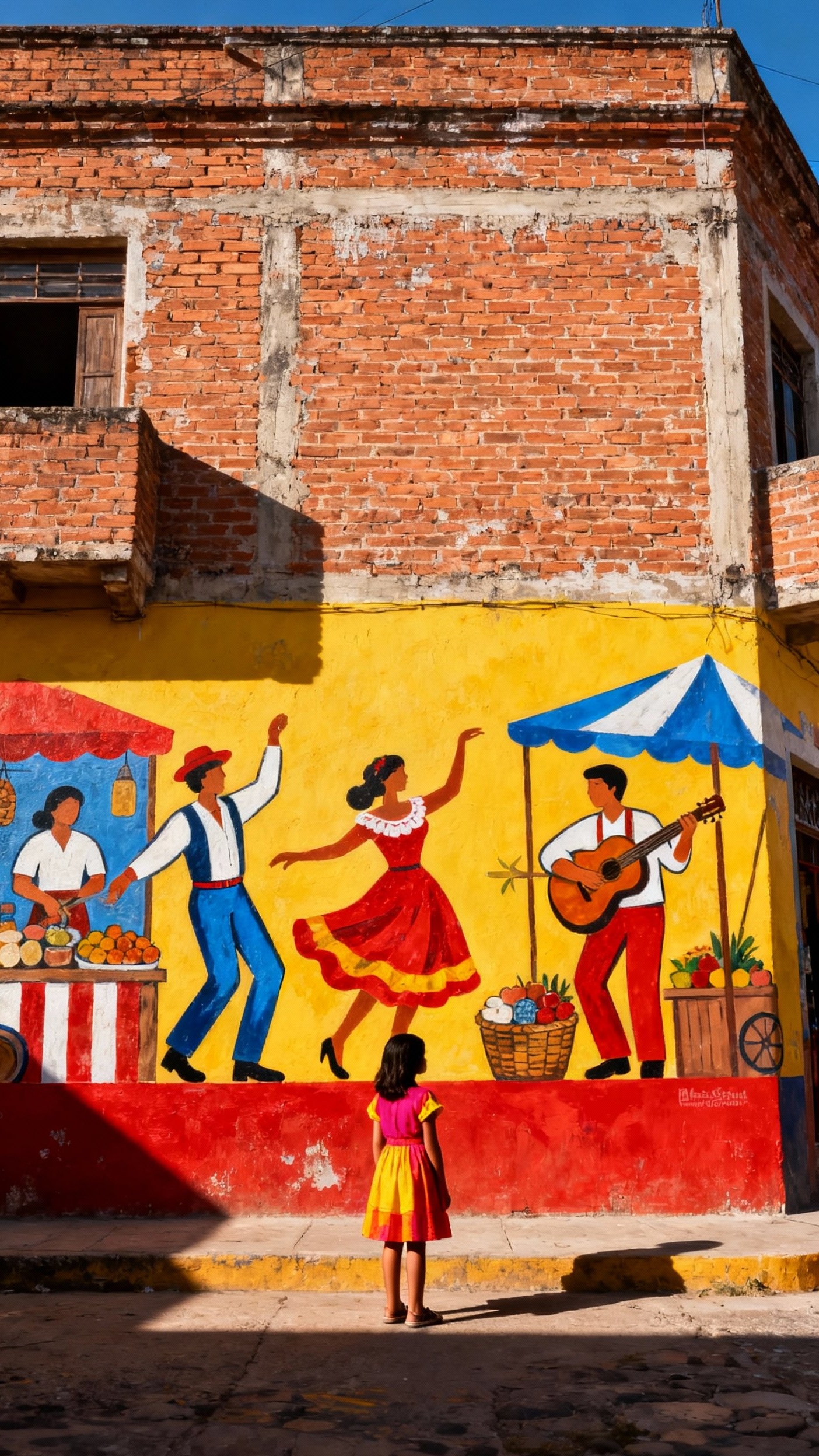 Urban City Photography - Urban Murals: Stories on Brick Walls - Sunlight bathes a weathered brick wall, exploding with...
