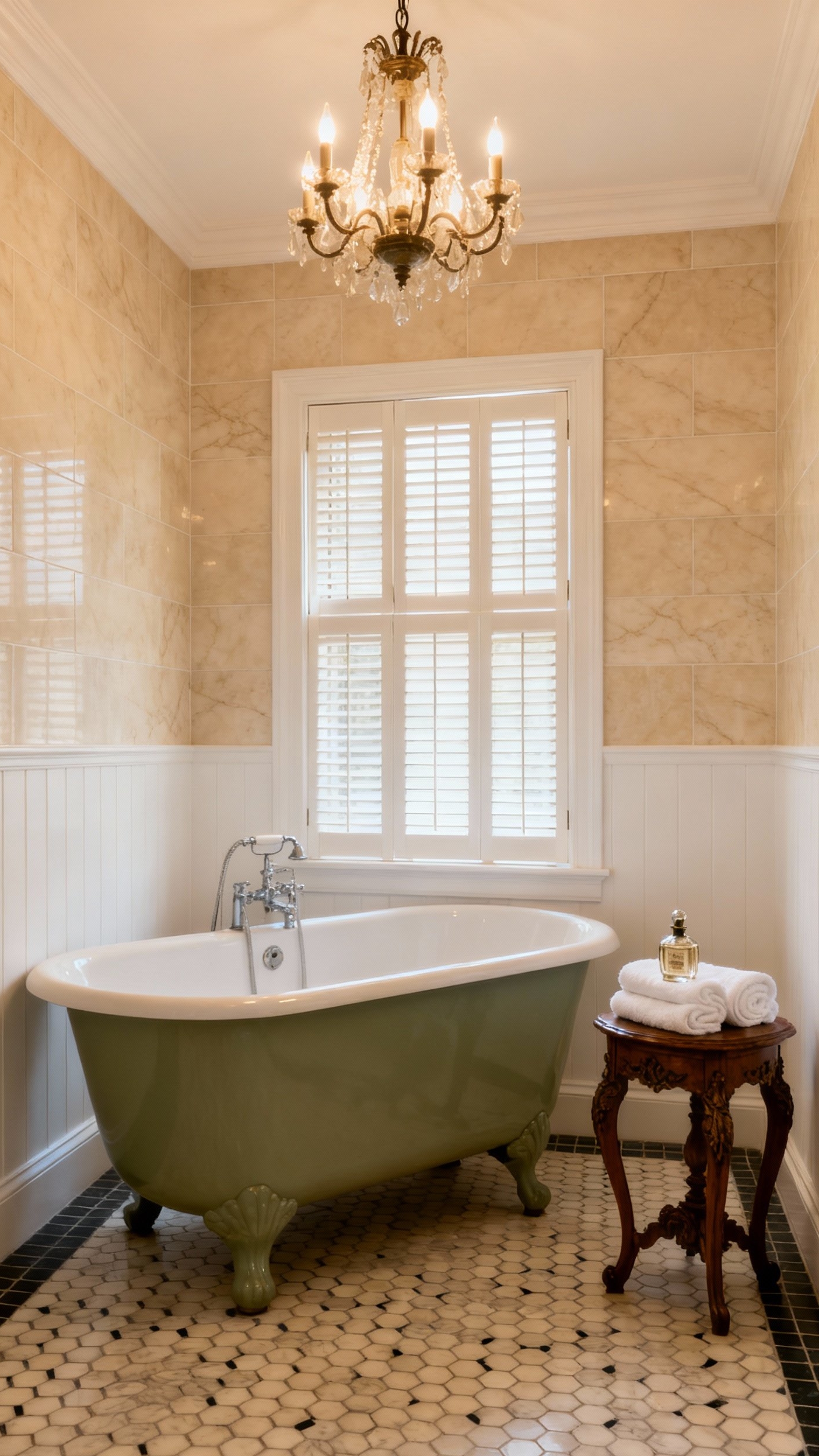 Beige marble bathroom - Beige Marble: A Vintage Bathroom Retreat - Step into a bathroom where vintage charm meets...