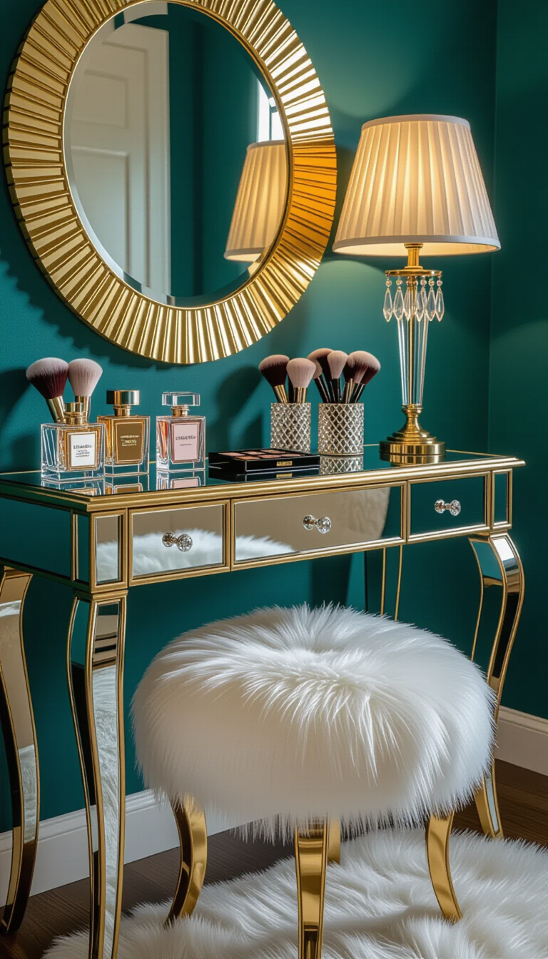 luxurious bedroom ideas - Glamorous Bedroom Vanity: Hollywood Regency Style - Imagine stepping into a realm of pure Hollywood...