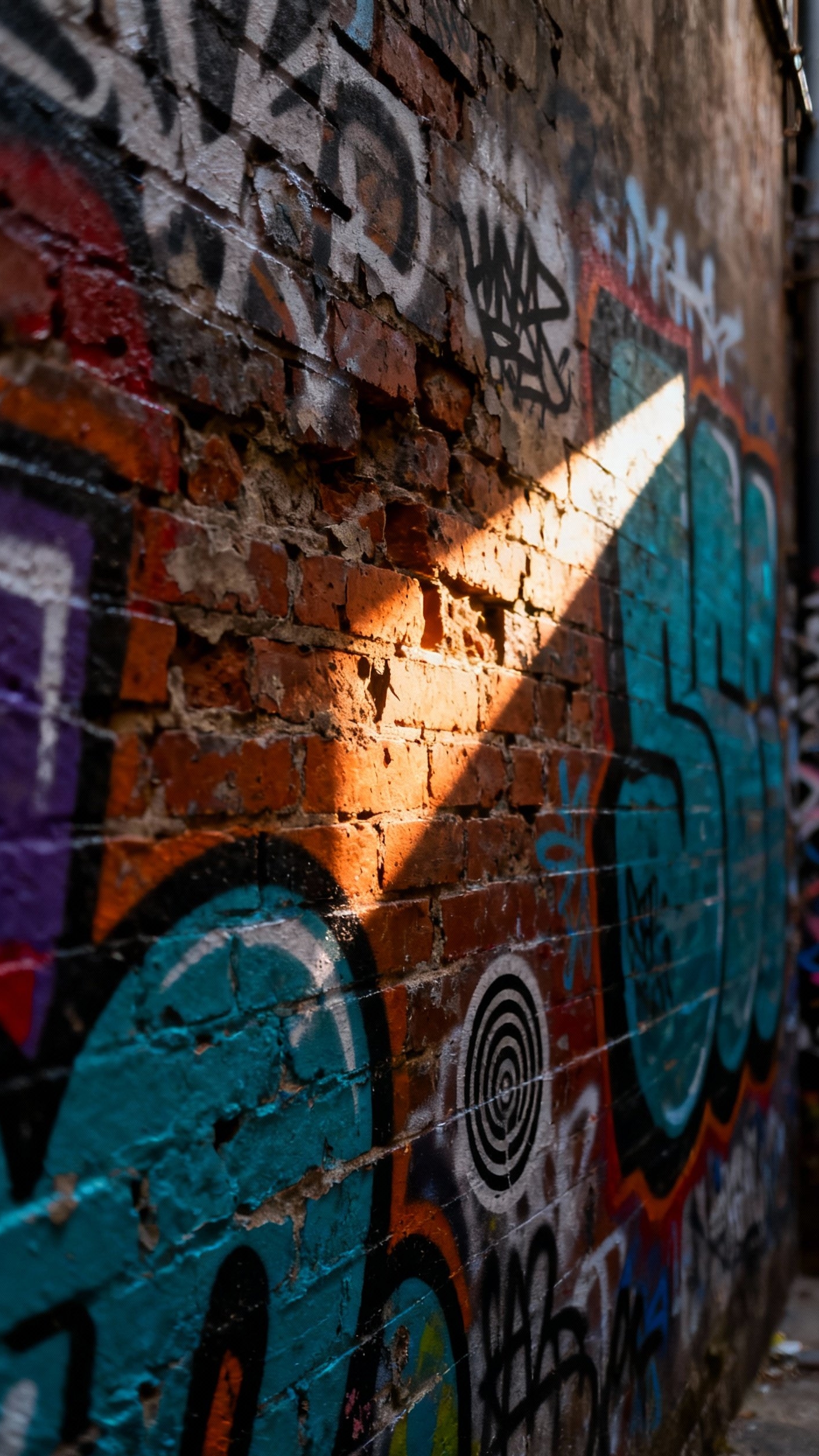 Urban City Photography - Urban Walls: Stories in Spray Paint - Sunlight kisses a weathered brick wall, igniting a...