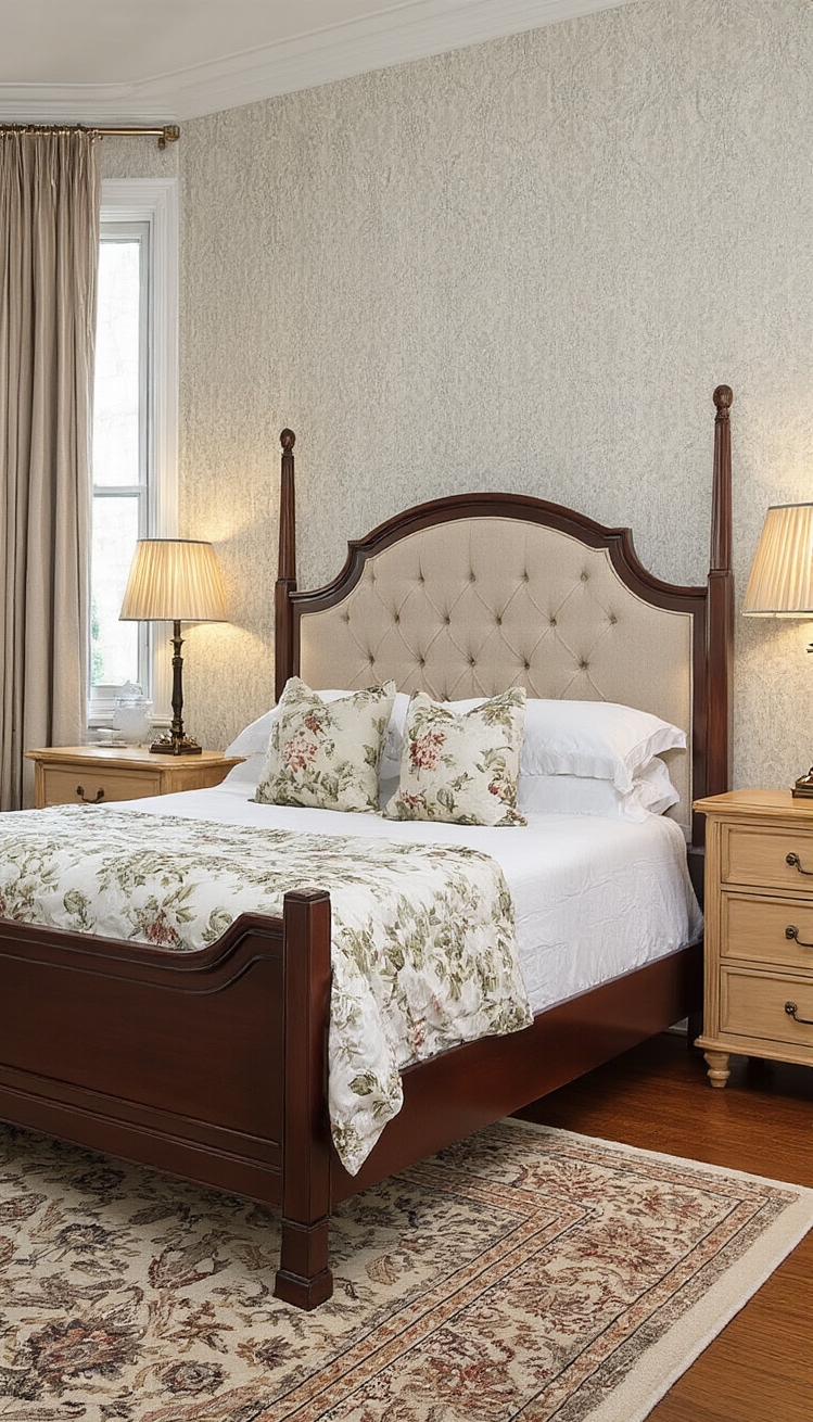 Mixing Wood Tones Bedroom - Mixing Wood Tones: Bedroom Harmony - Mixing Wood Tones Bedroom - Dark cherry wood anchors this traditional bedroom with...