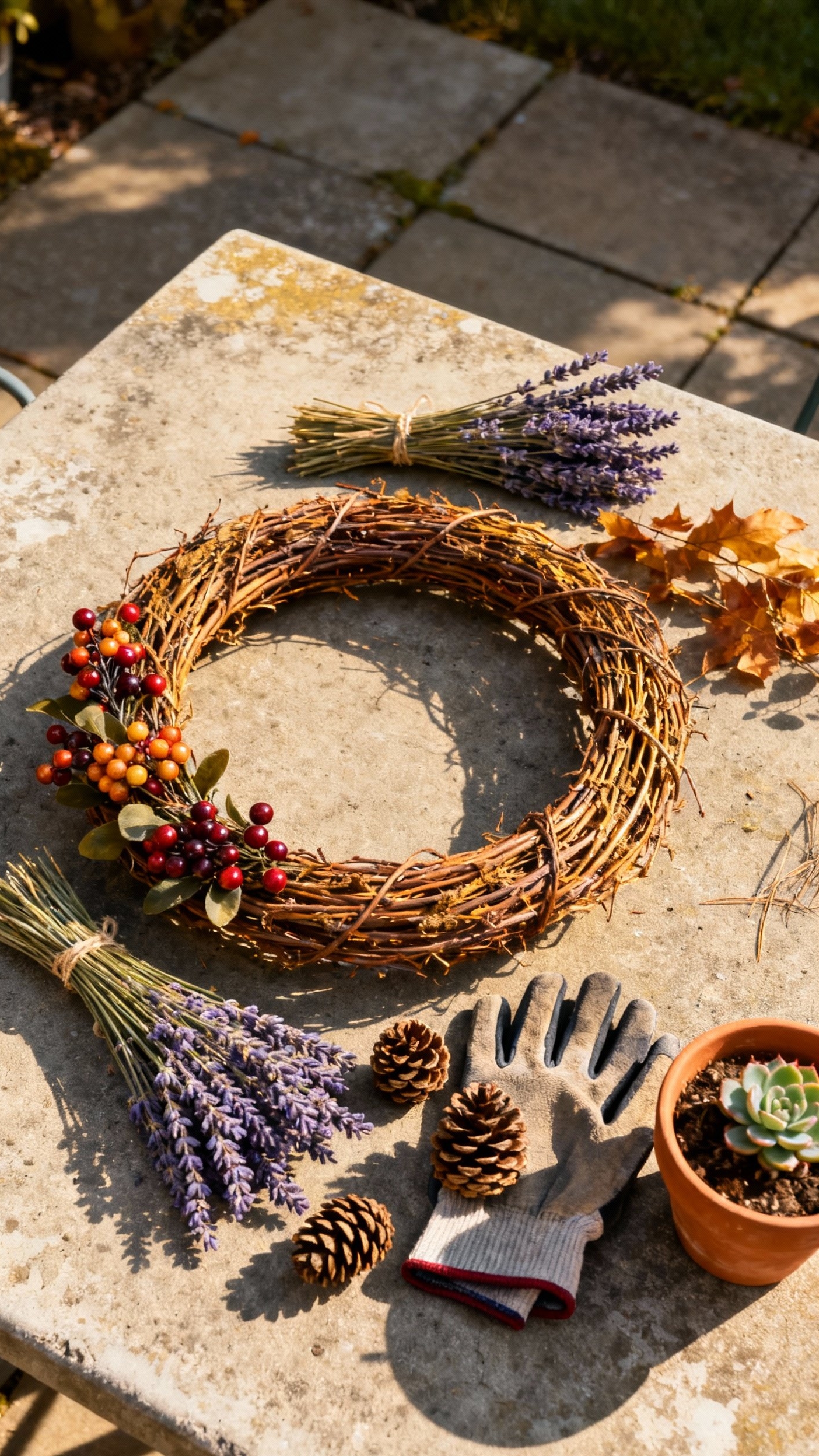 fall wreaths - Fall Wreath Inspiration: Deconstructed Beauty - Sunlight bathes a concrete patio table where a...