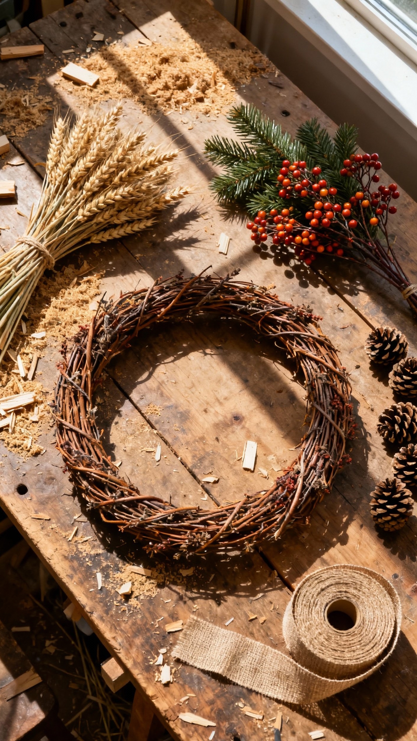 fall wreaths - Fall Wreath: Crafting Autumn's Welcome - Golden light spills across a rustic workbench, illuminating...