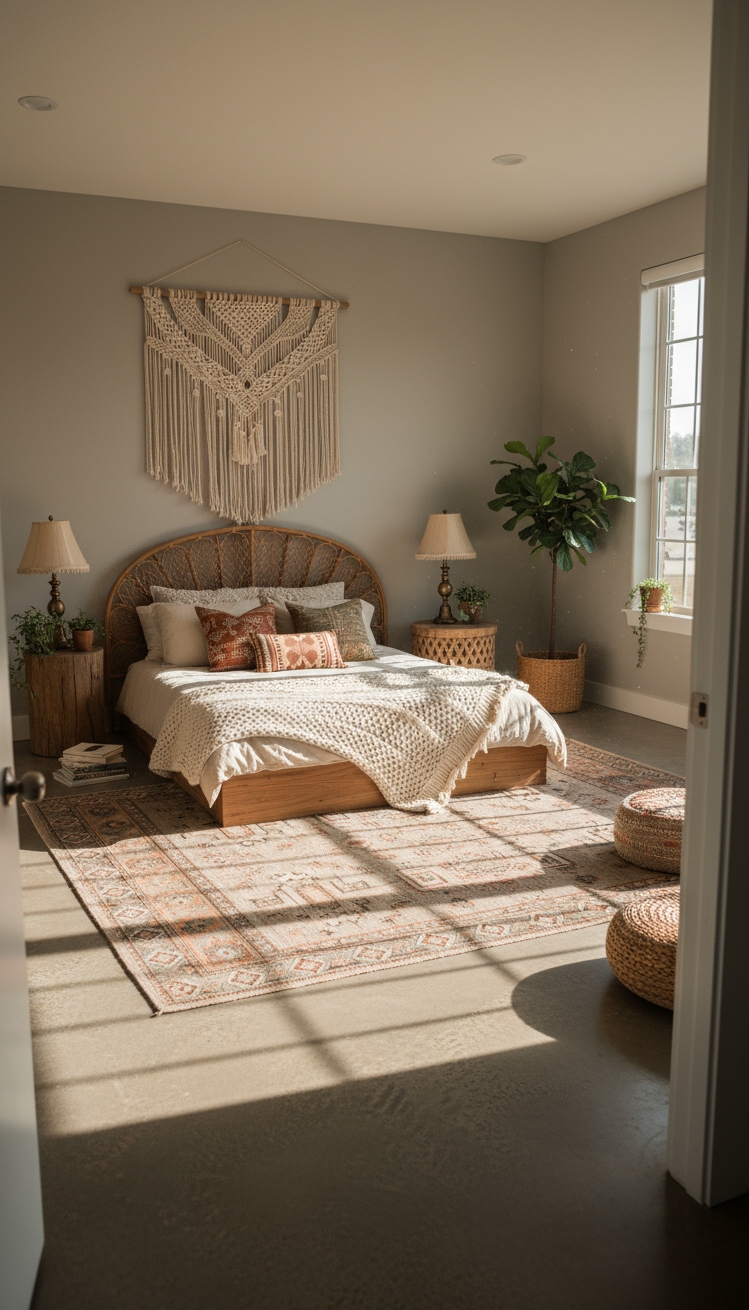 Neutral Rugs Bedroom - Neutral Rugs: Bohemian Bedroom Bliss - Neutral Rugs Bedroom - Step into this serene bohemian bedroom and feel...