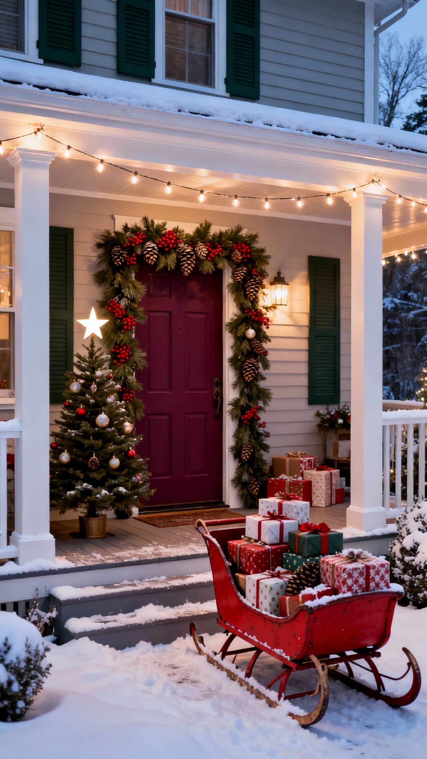 christmas porch decor ideas - Deck the Porch: Christmas Decor Ideas - Dusk settles on a Christmas porch, and string...
