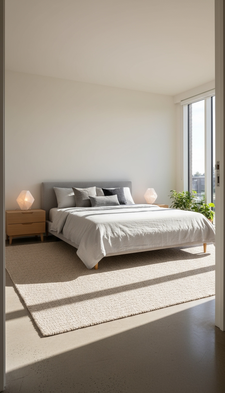 Neutral Rugs Bedroom - Neutral Rugs: Bedroom Bliss in Beige - Sunlight streams into this contemporary bedroom, immediately drawing...