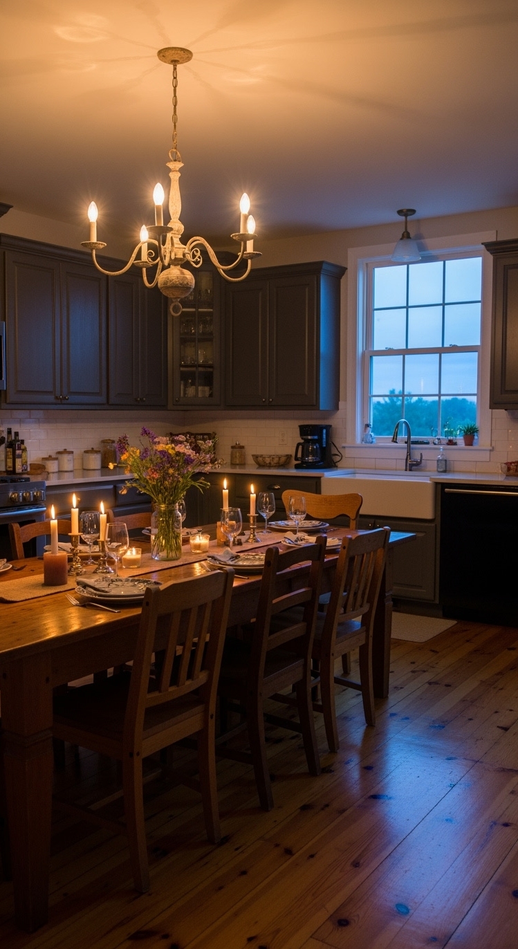 Country Kitchen Design - Country Kitchens: Twilight's Warm Embrace - As twilight deepens, this country kitchen glows with...