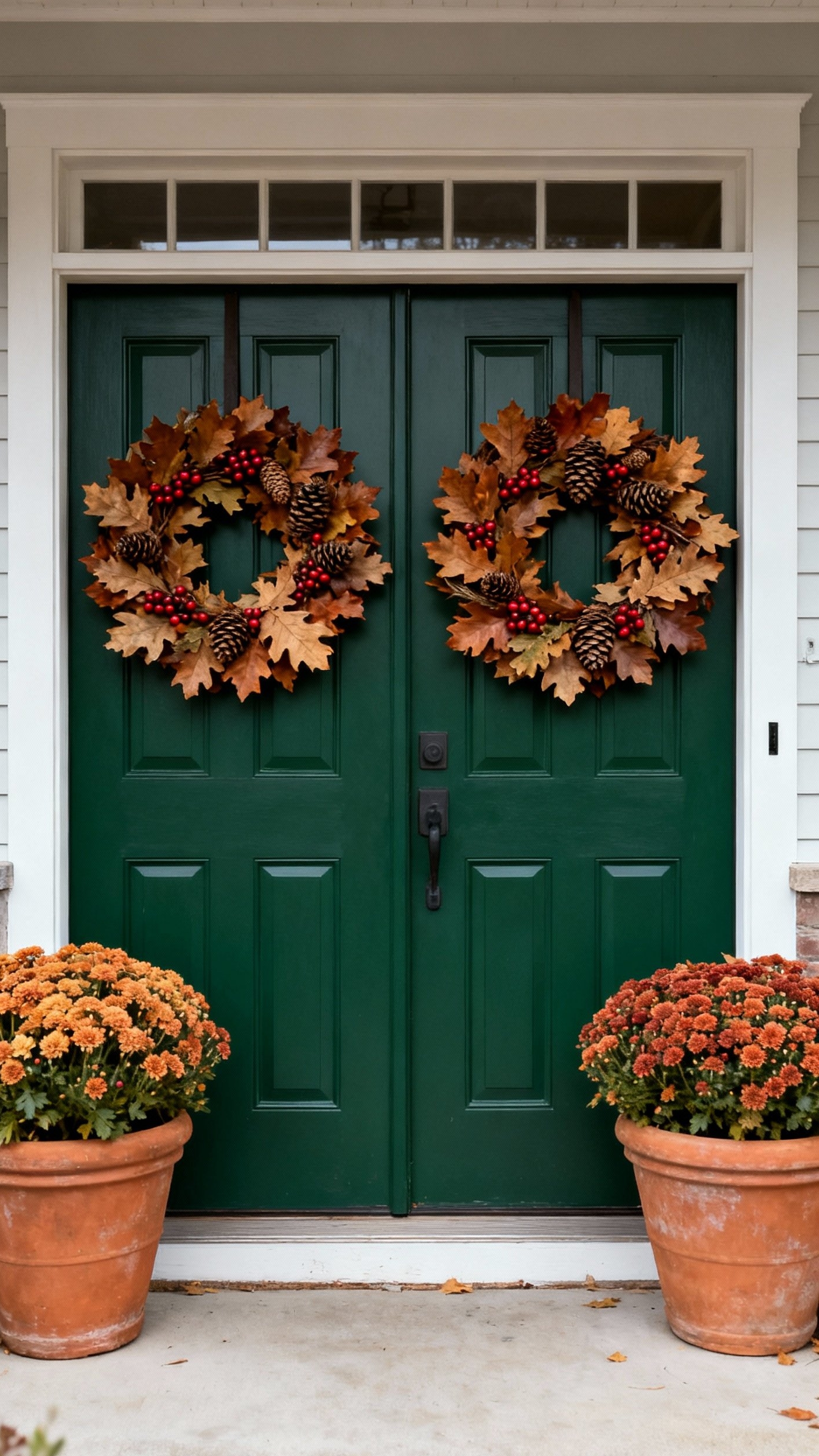 fall wreaths - Fall Wreaths: Rustic Doorway Decor - Deep forest green double doors immediately grab your...