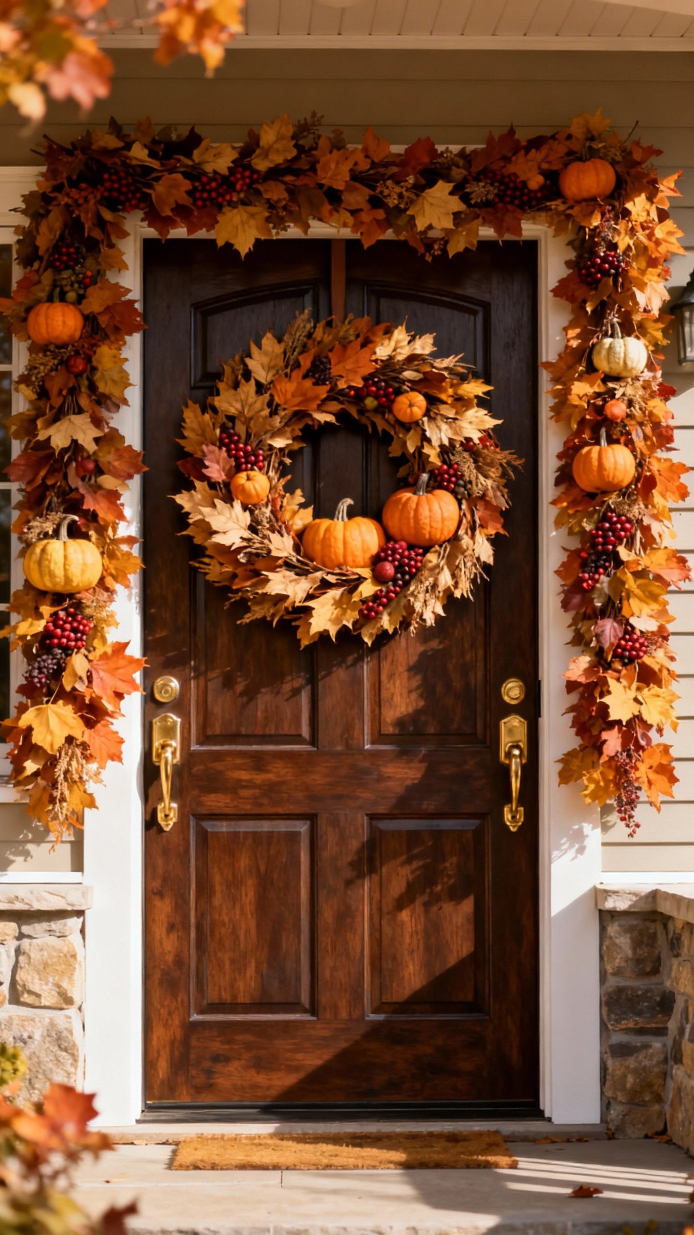 fall wreaths - Fall Wreaths: Doorway to Autumn - The front door bursts with autumnal charm, showcasing...
