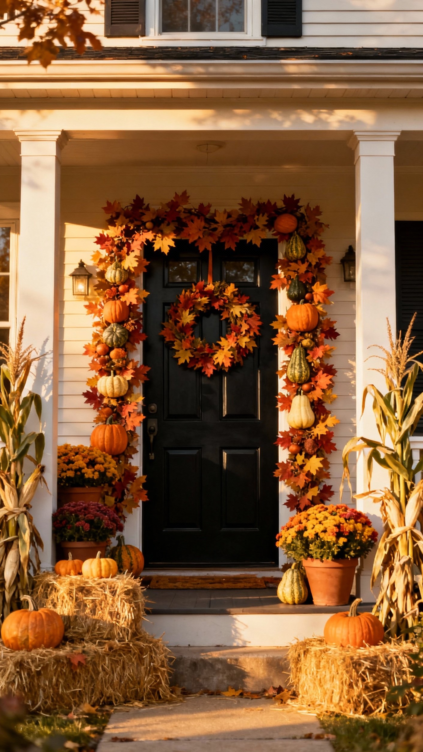 fall wreaths - Fall Wreaths: Porch Perfection Awaits - Golden sunlight spills across this welcoming front porch,...