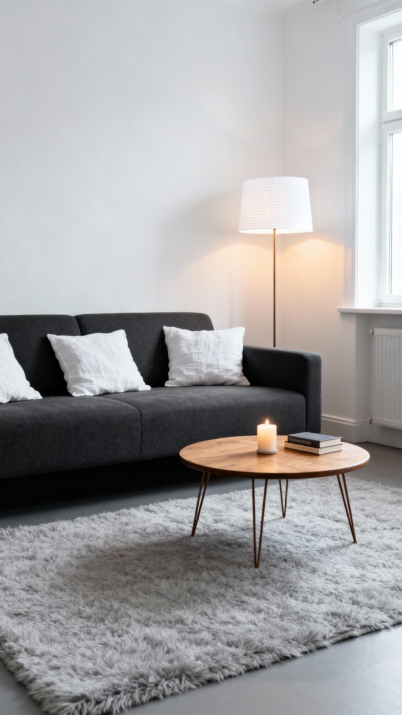 Dark Grey Couch Styling - Dark Grey Couch: Simple Styling Ideas - A dark grey, minimalist couch anchors this Scandinavian-style...