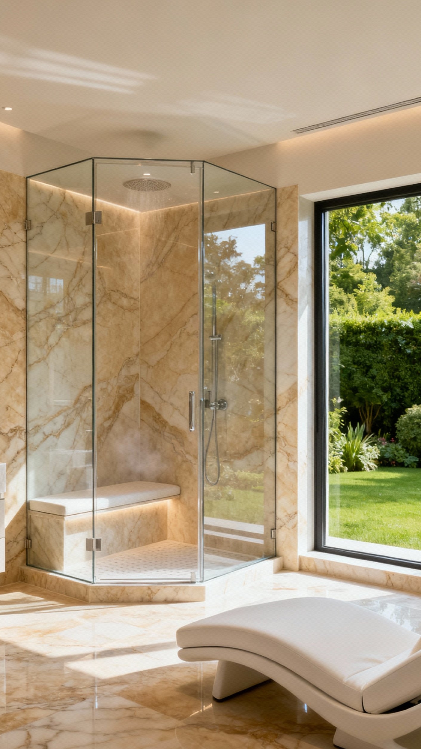 Beige marble bathroom - Beige Marble: A Spa-Like Escape - Sunlight streams into this luxurious bathroom, highlighting the...