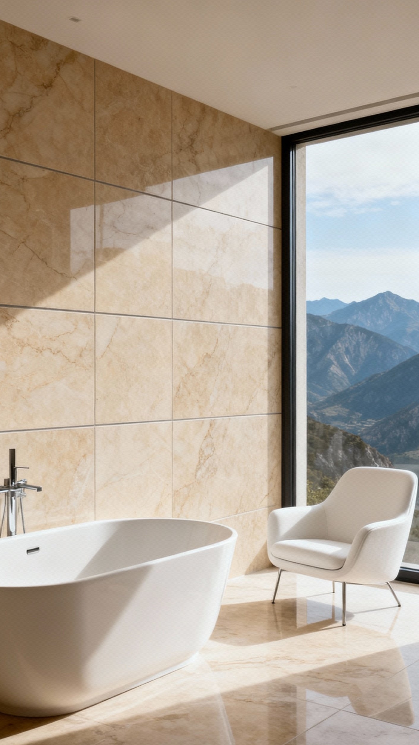 Beige marble bathroom - Beige Marble: A Spa-Like Retreat - Sunlight streams into this luxurious beige marble bathroom,...