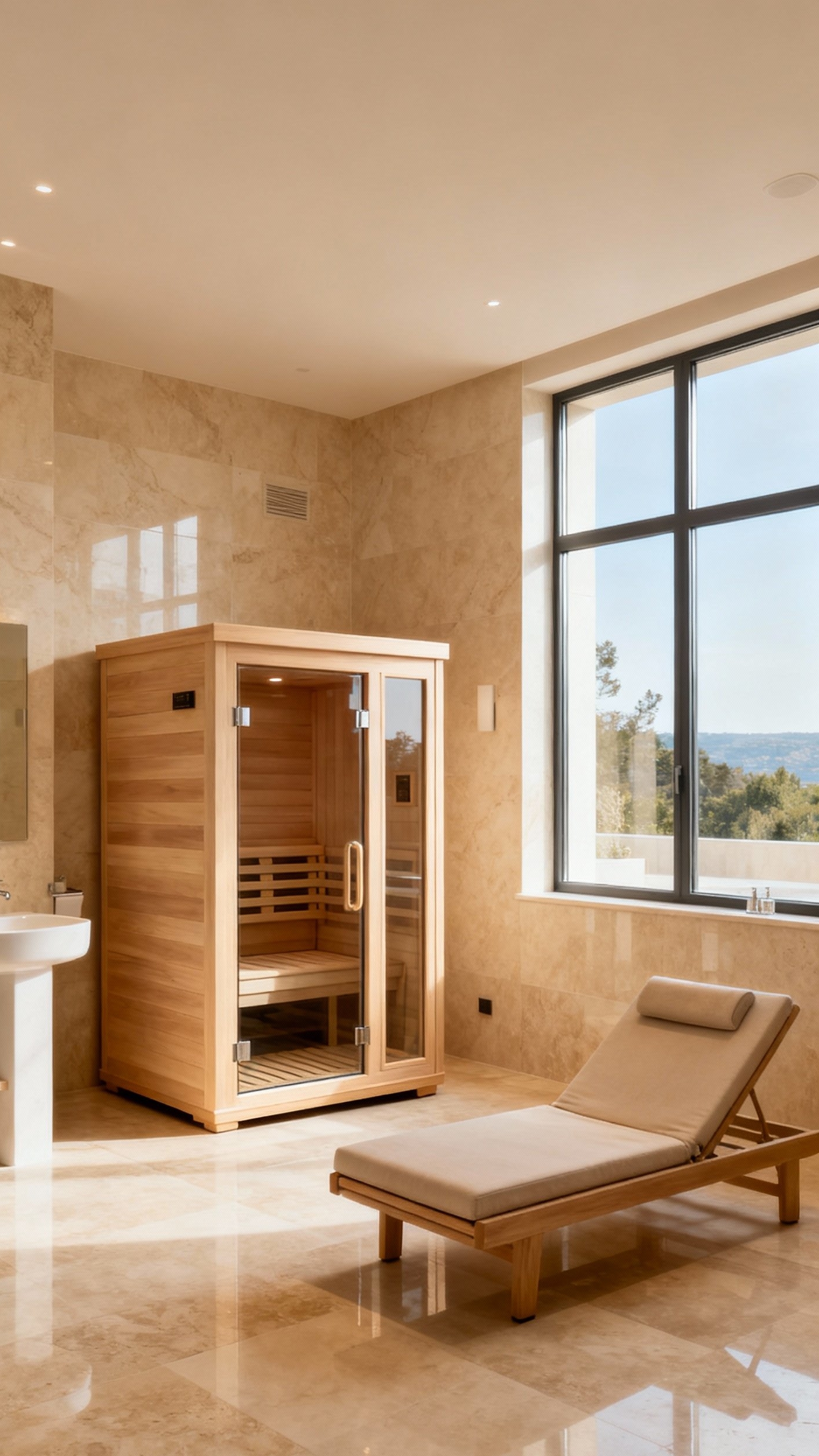 Beige marble bathroom - Beige Marble: A Spa-Like Retreat - Beige marble bathroom - Sunlight streams through a generous window, illuminating this...