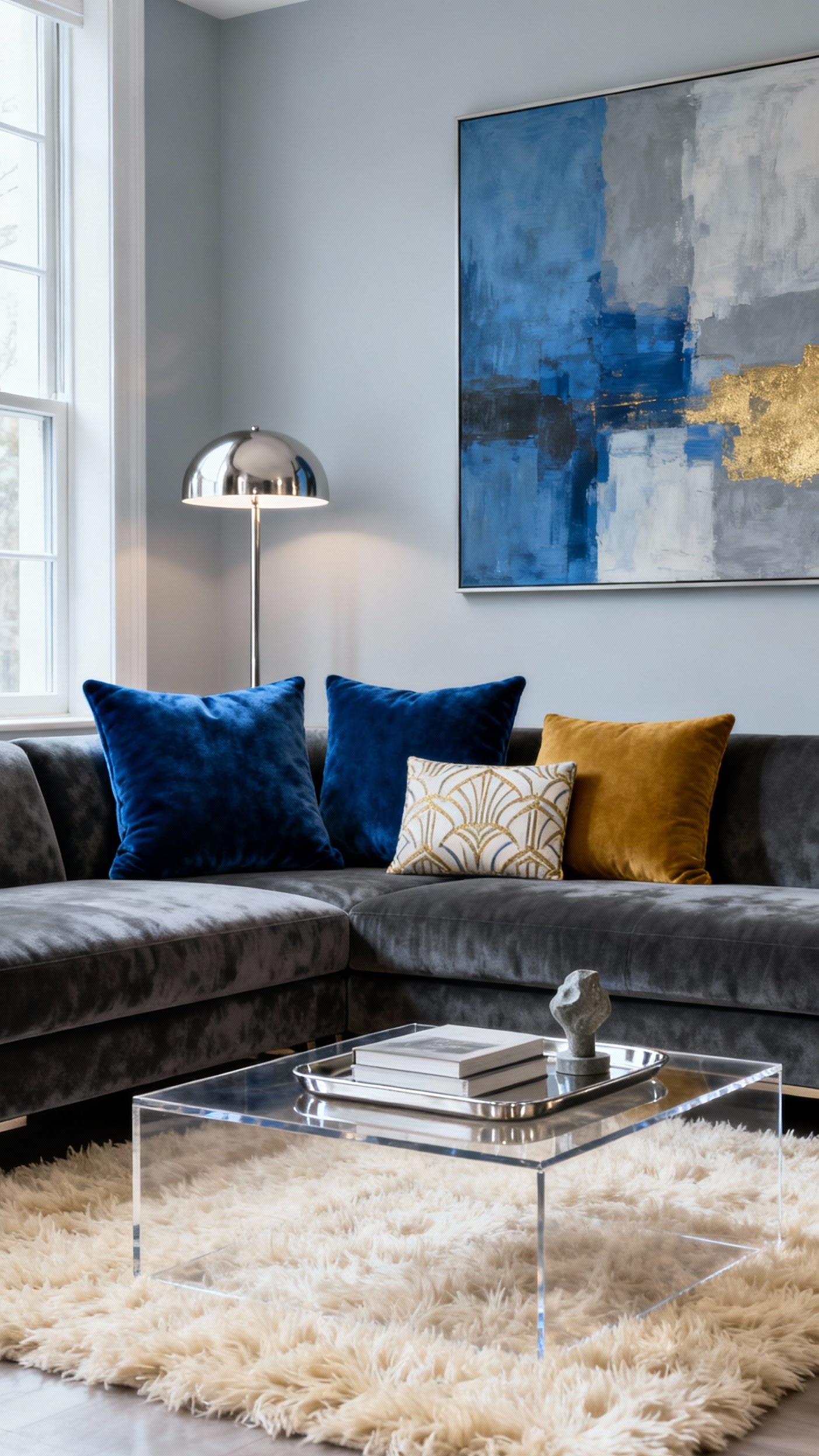 Dark Grey Couch Styling - Dark Grey Couch: Style Inspiration - Dark Grey Couch Styling - A dark grey velvet sectional anchors this modern...