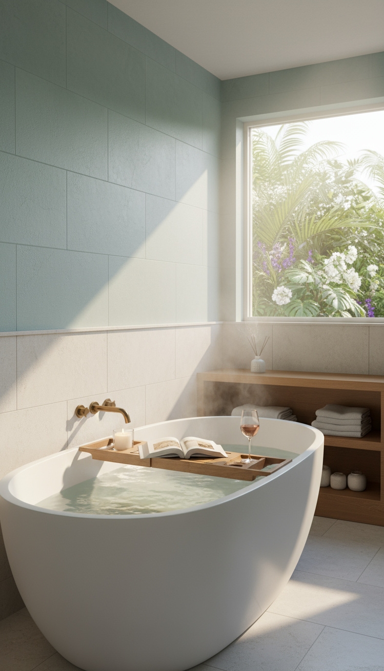 serene interior colors - Serene Spaces: Seafoam Whisper Bathroom - The freestanding soaking tub immediately draws you in,...