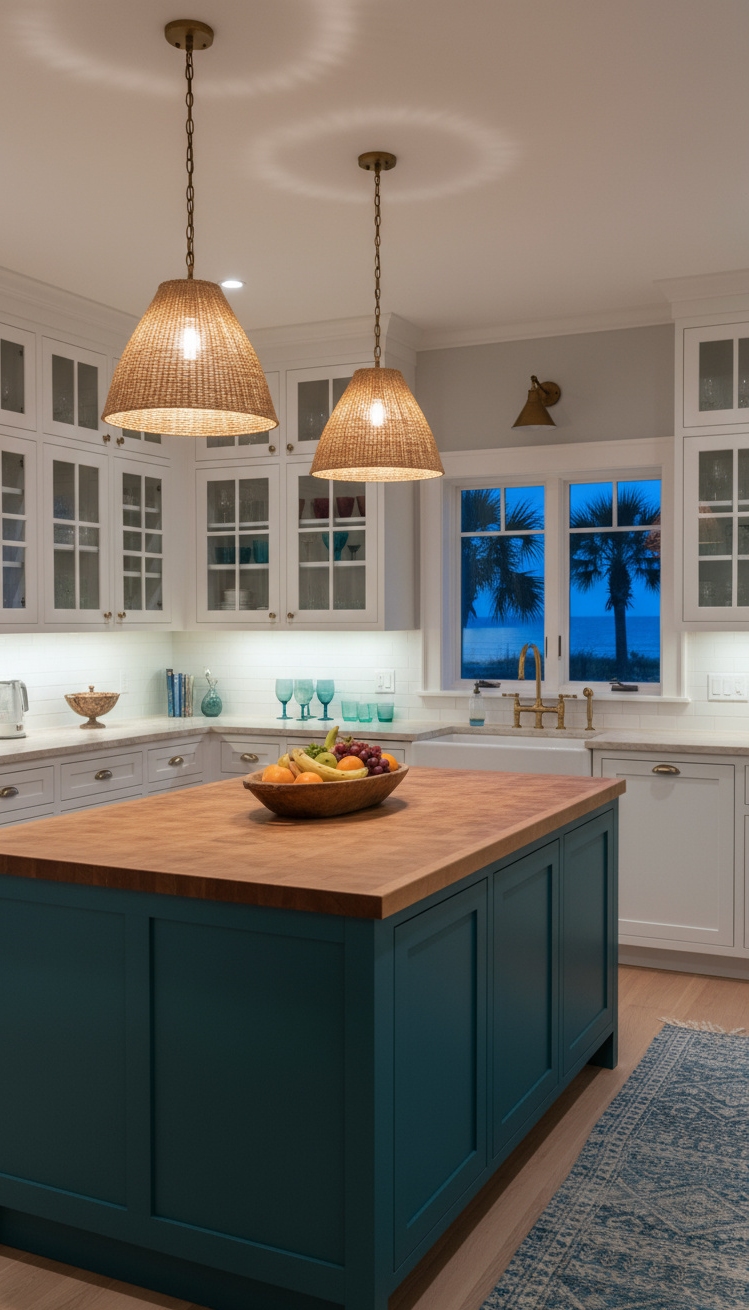 Beach Cottage Kitchens - Teal Islands & Twilight Kitchens - The teal kitchen island immediately draws your eye,...