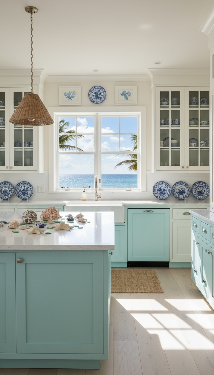 Beach Cottage Kitchens - Coastal Charm: Beach Cottage Kitchen Design - The turquoise kitchen island immediately draws your eye,...