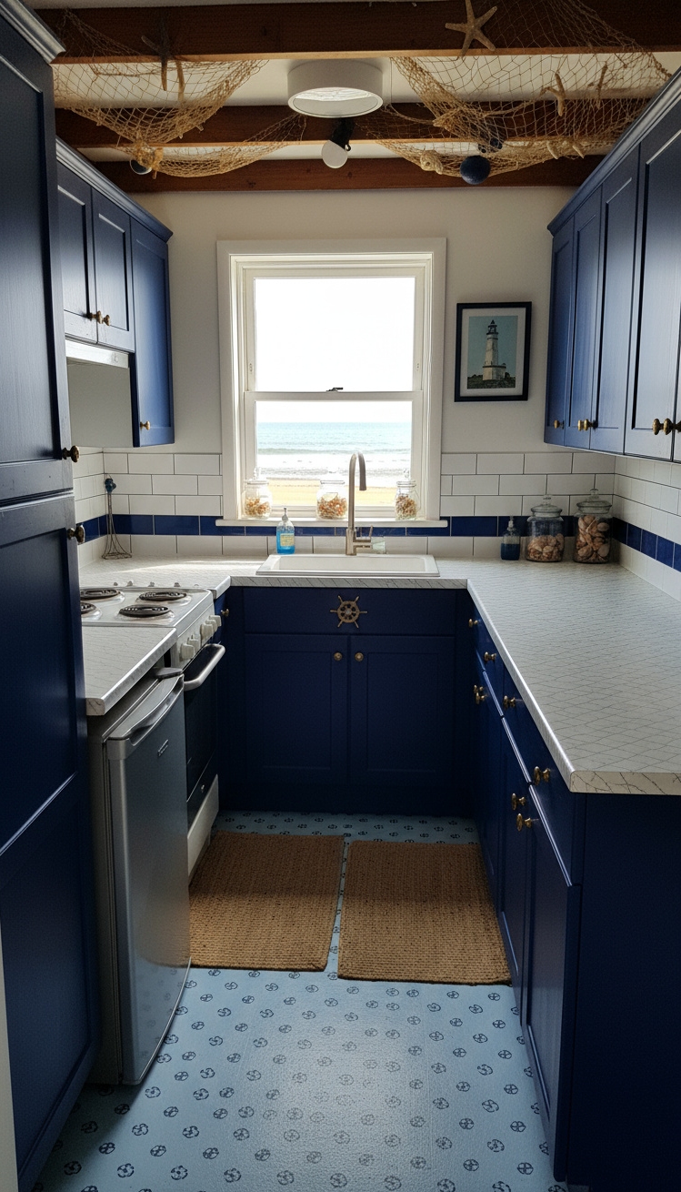 Beach Cottage Kitchens - Nautical Charm in a Galley Kitchen - The navy blue cabinetry immediately anchors this petite...