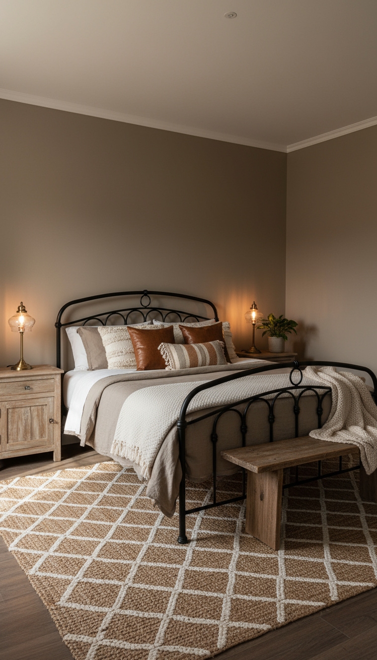 serene interior colors - Serene Spaces: Earthy Taupe Bedroom Design - This wrought-iron bed immediately draws you in, doesn't...