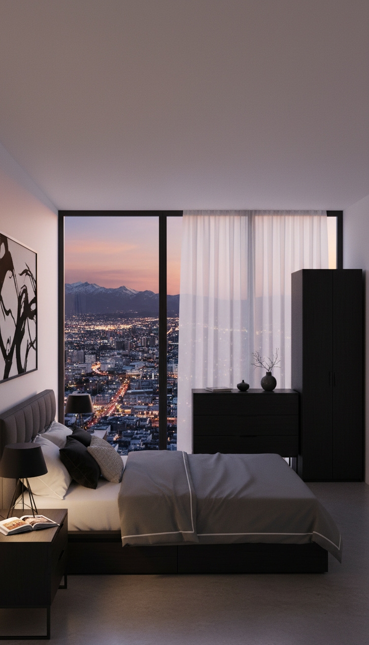 black and white bedroom ideas - Striking Black Accents in White Bedrooms - These white walls feel crisp against the dark...