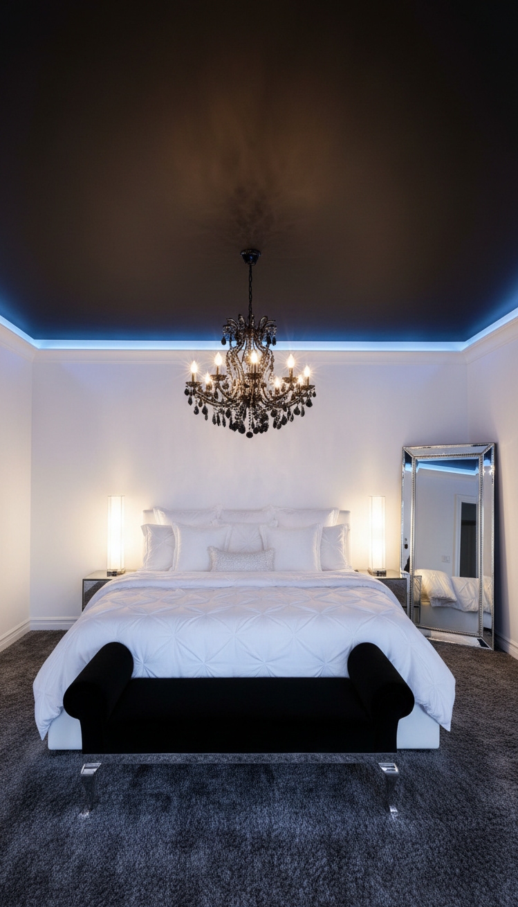 black and white bedroom ideas - Black and White Bedroom Drama - The black ceiling makes a bold statement. It...