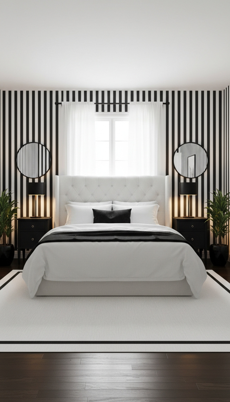 black and white bedroom ideas - Striking Black and White Bedroom Designs - These striped walls command attention. The bold black...