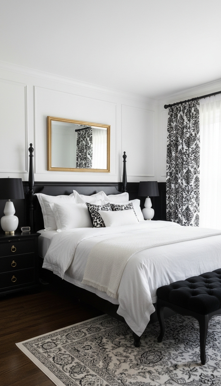black and white bedroom ideas - Classic Black and White Bedroom Design - These patterned curtains steal the show. Bold black...