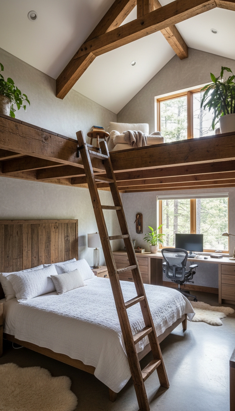 exposed beams bedroom - Exposed Beams: Bedroom Loft Design - These exposed beams command attention, drawing your eyes...