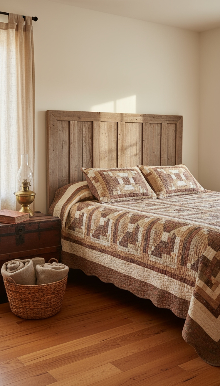 Male Bedroom Ideas - Earthy Tones and Textures: Male Bedroom - The hand-stitched quilt immediately draws your eye with...