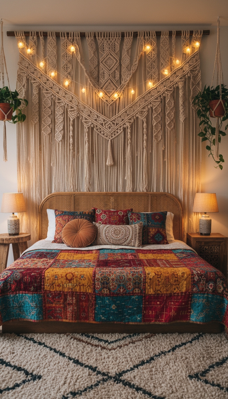 Accent Wall Behind Bed - Macrame Accent Wall: Bohemian Bedroom Bliss - This stunning macrame wall hanging immediately draws your...