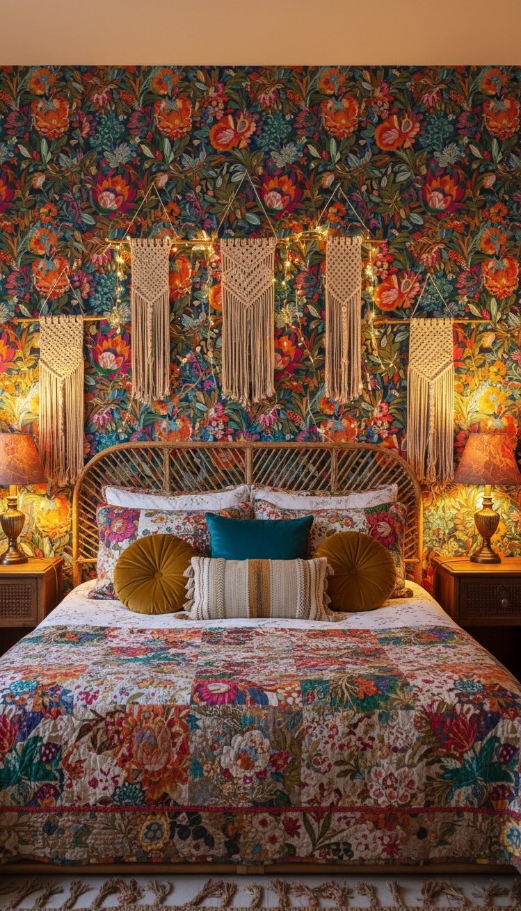 Accent Wall Behind Bed - Bold Bohemian: Accent Wall Bedroom Design - The patterned accent wall immediately grabs your attention...
