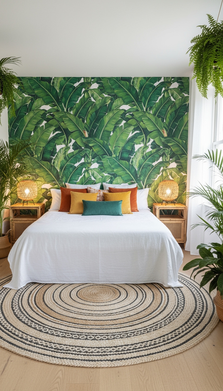 Accent Wall Behind Bed - Bold Banana Leaves: Bedroom Accent Wall - That banana leaf wallpaper instantly transports you. The...