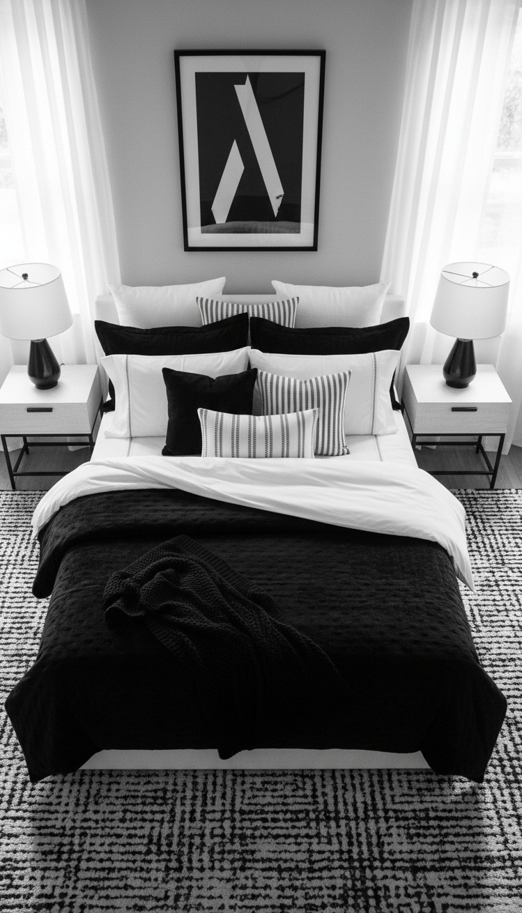 black and white bedroom ideas - Striking Black and White Bedroom Designs - black and white bedroom ideas - These dark textiles create a striking contrast. A...