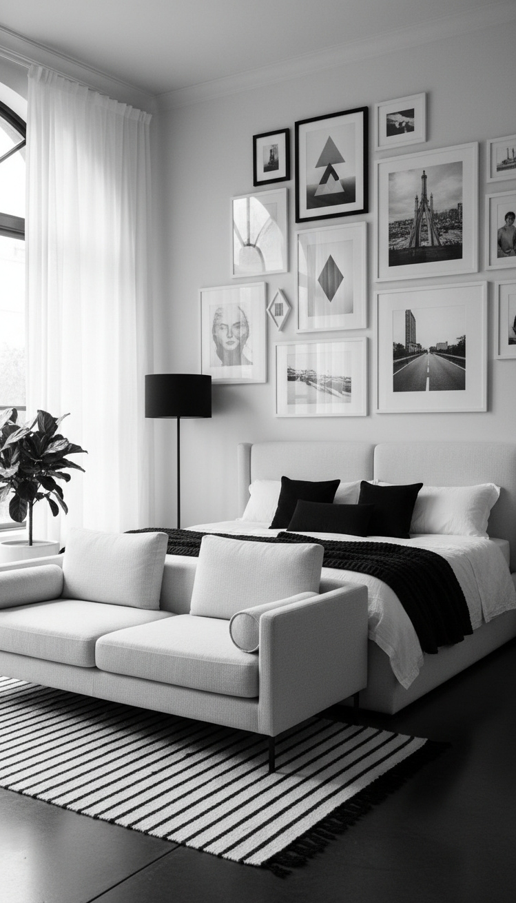black and white bedroom ideas - Striking Black and White Bedroom Gallery - These framed prints command attention. The gallery wall,...