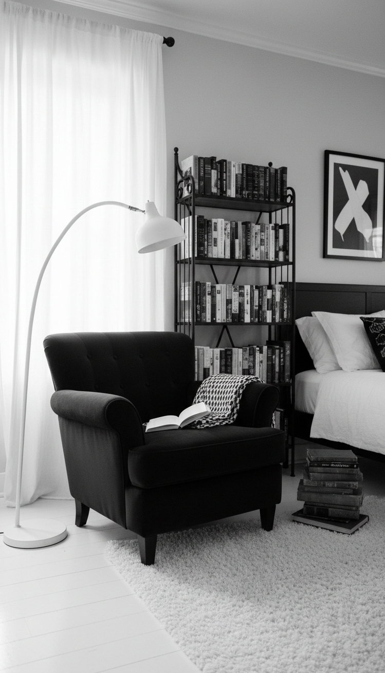 black and white bedroom ideas - Black and White Bedroom Reading Nook - These stark contrasts create a calm mood. The...