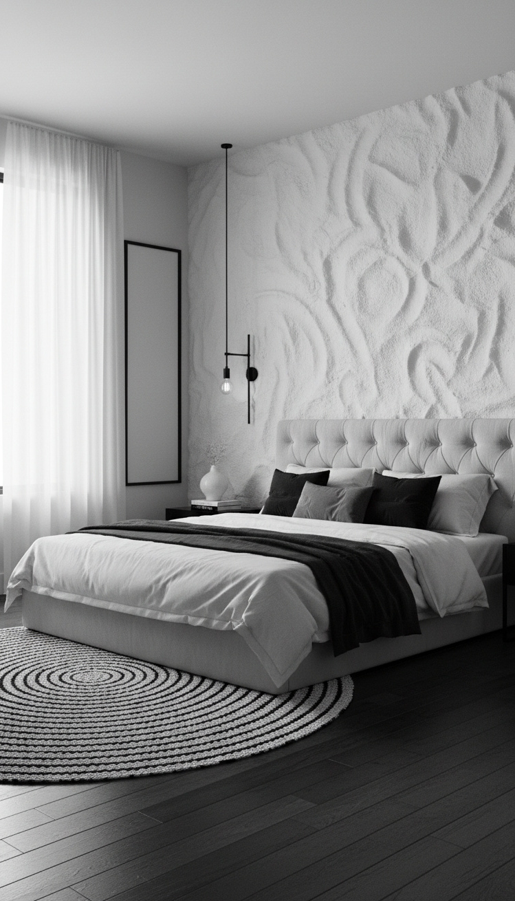 black and white bedroom ideas - Crisp Black and White Bedroom Designs - These textured walls create a focal point. The...