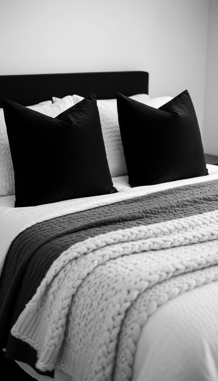 black and white bedroom ideas - Crisp Black and White Bedroom Designs - black and white bedroom ideas - These layered blankets practically beg you to touch...