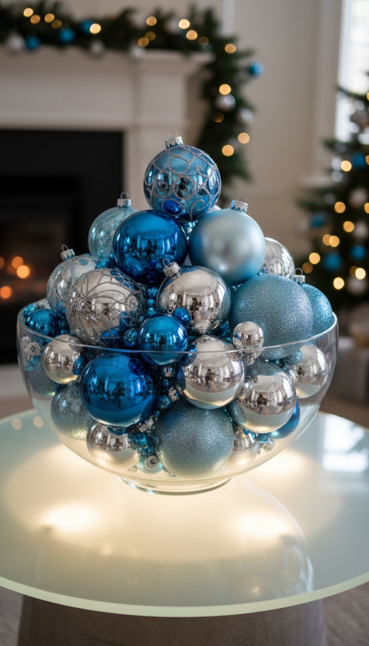 blue christmas decorations ideas - Blue Christmas: Decorating with Cool Tones - These shimmering blue and silver ornaments rest together,...