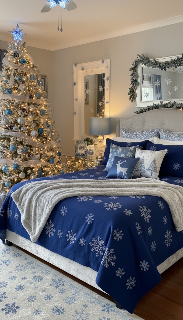 blue christmas decorations ideas - Blue Christmas: Decorating with Design - The frosty blue Christmas bedroom whispers of winter...