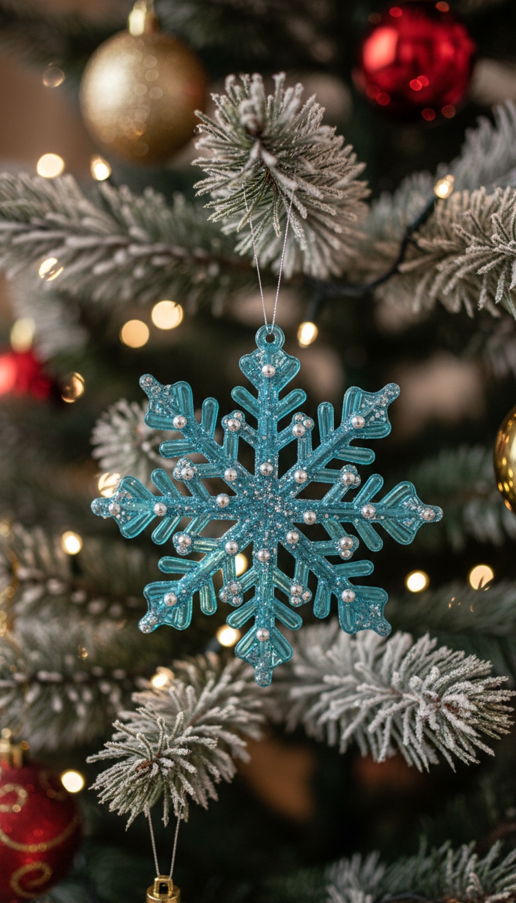 blue christmas decorations ideas - Blue Christmas: A Cool Design - A frosted blue snowflake dangles delicately, catching the...